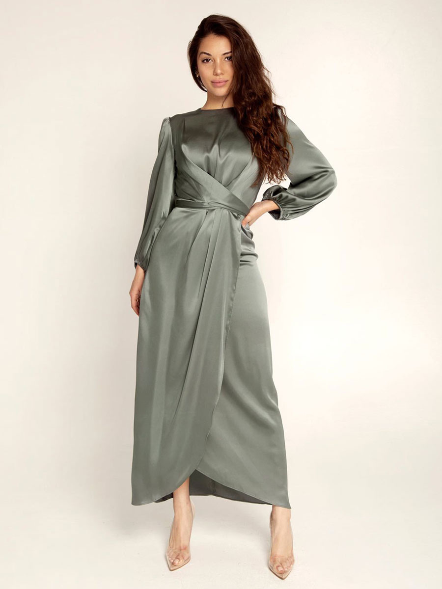 Party Dresses Jewel Neck Pleated Stain Semi Formal Maxi Dress