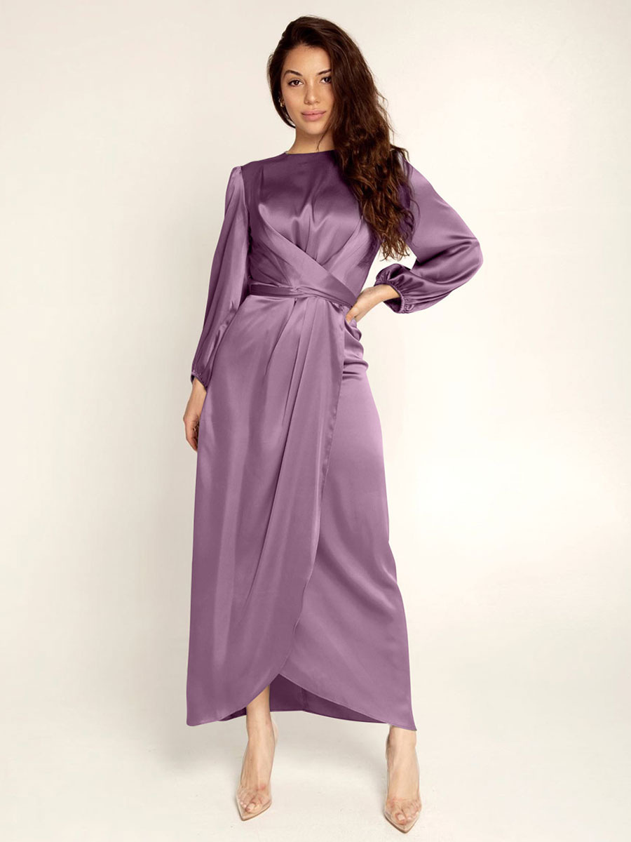Party Dresses Jewel Neck Pleated Stain Semi Formal Maxi Dress