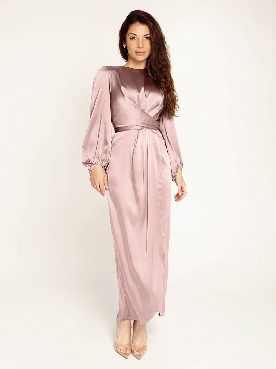 Party Dresses Jewel Neck Pleated Stain Semi Formal Maxi Dress