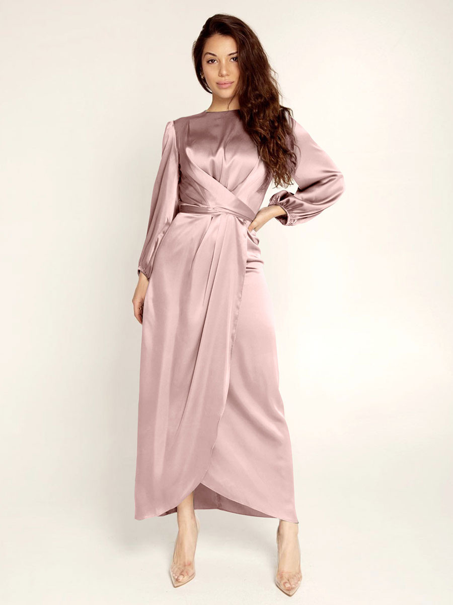 Party Dresses Jewel Neck Pleated Stain Semi Formal Maxi Dress