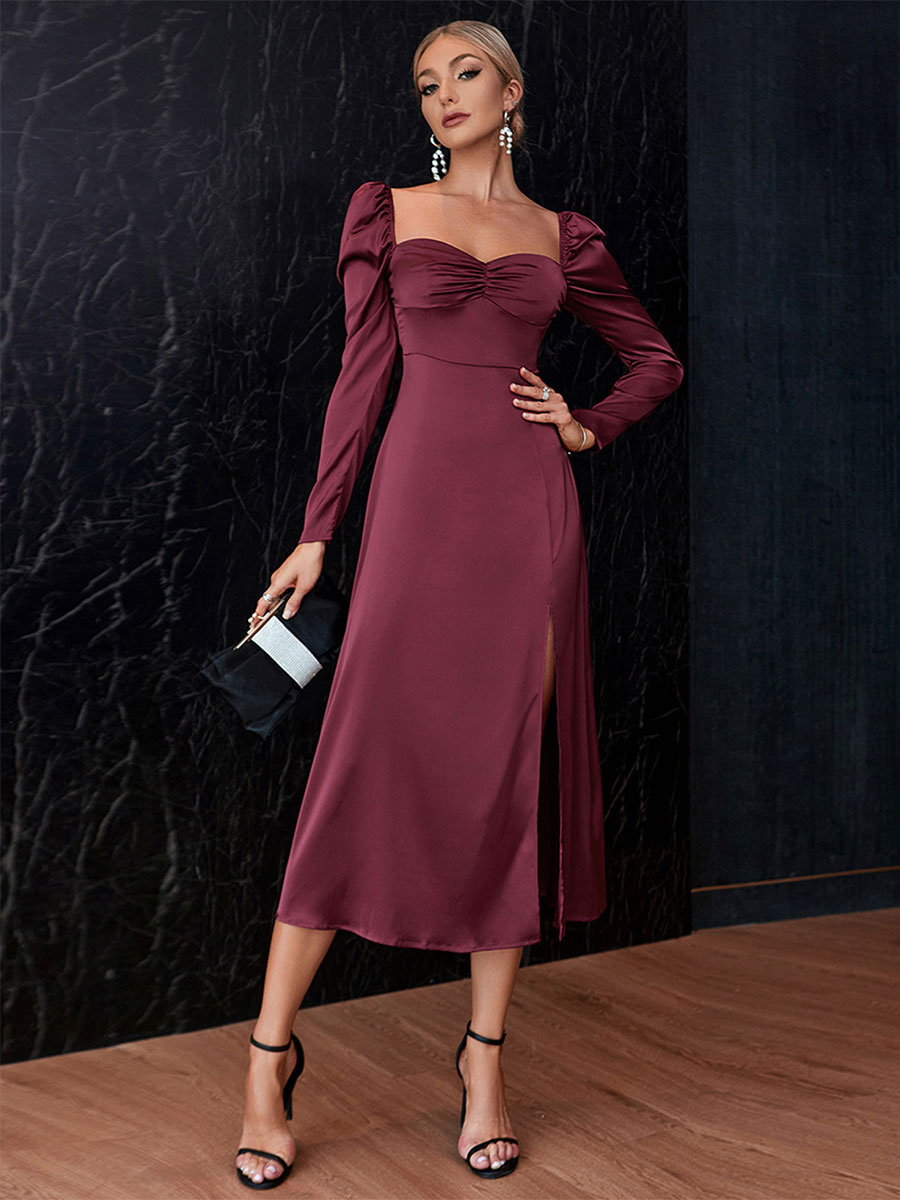 Party Dresses Sweetheart Neck Pleated High-Slit Date Fall Dress