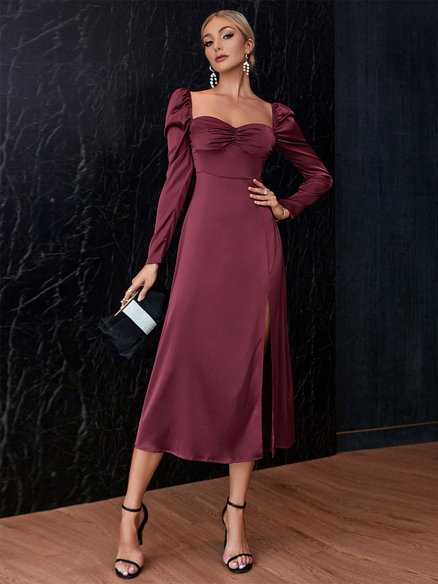 Party Dresses Sweetheart Neck Pleated High-Slit Date Fall Dress