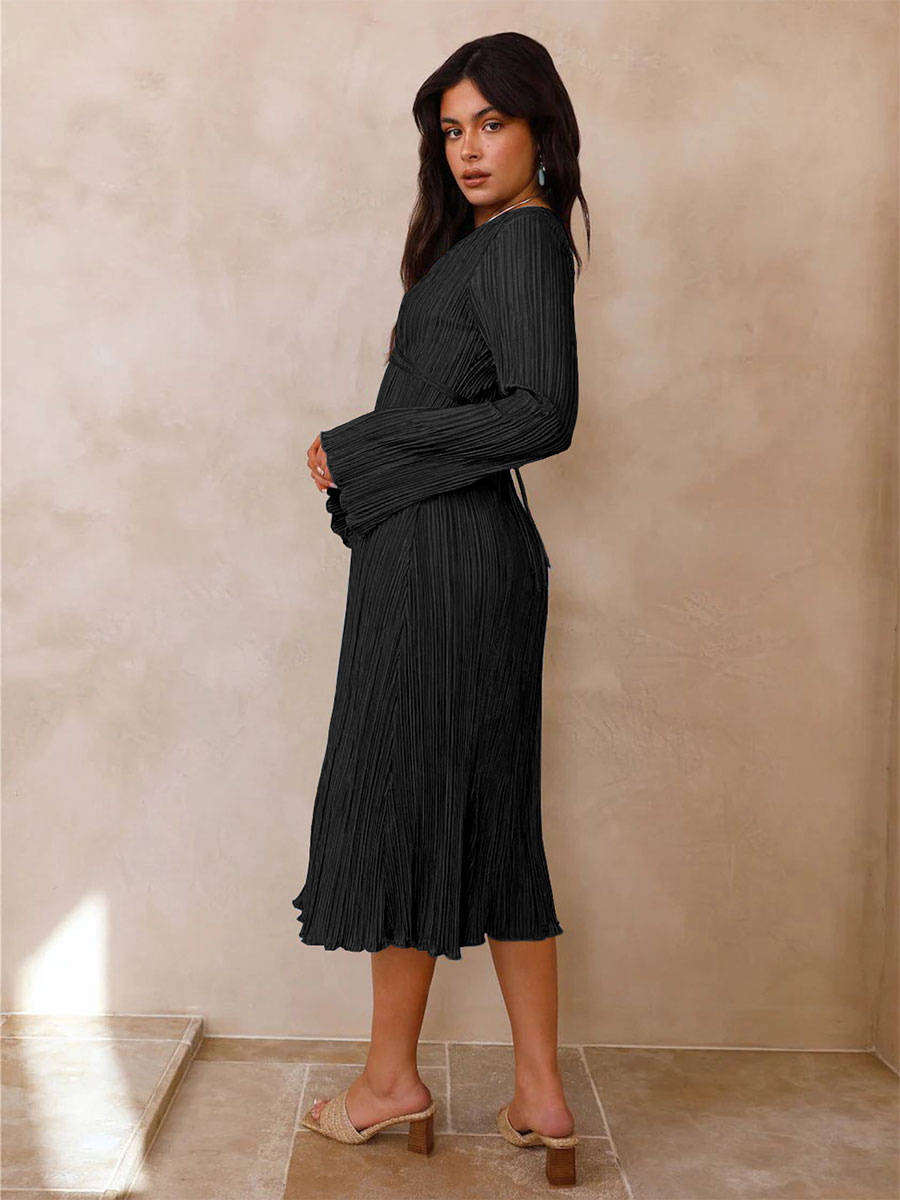 Pagoda Sleeves Dress Deep V Cut Out Fall Midi Dress