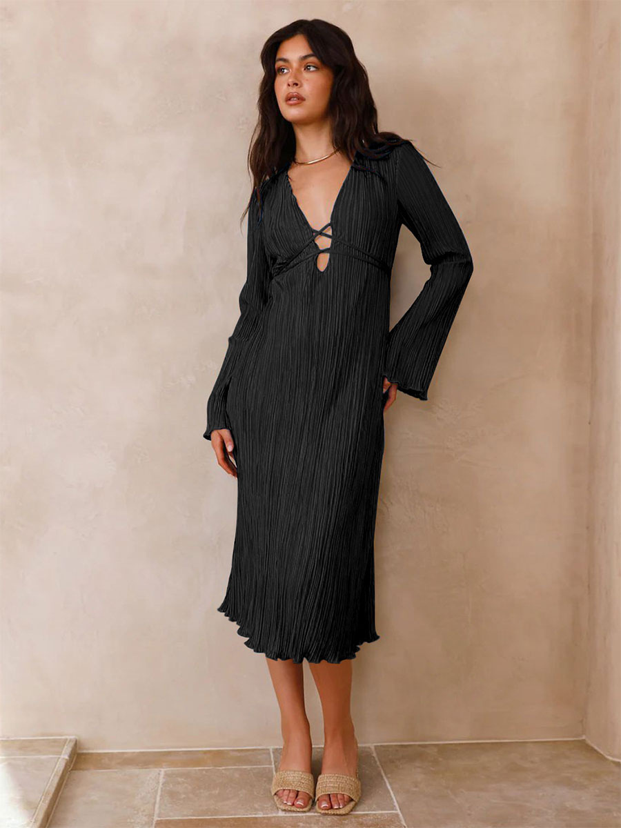 Pagoda Sleeves Dress Deep V Cut Out Fall Midi Dress