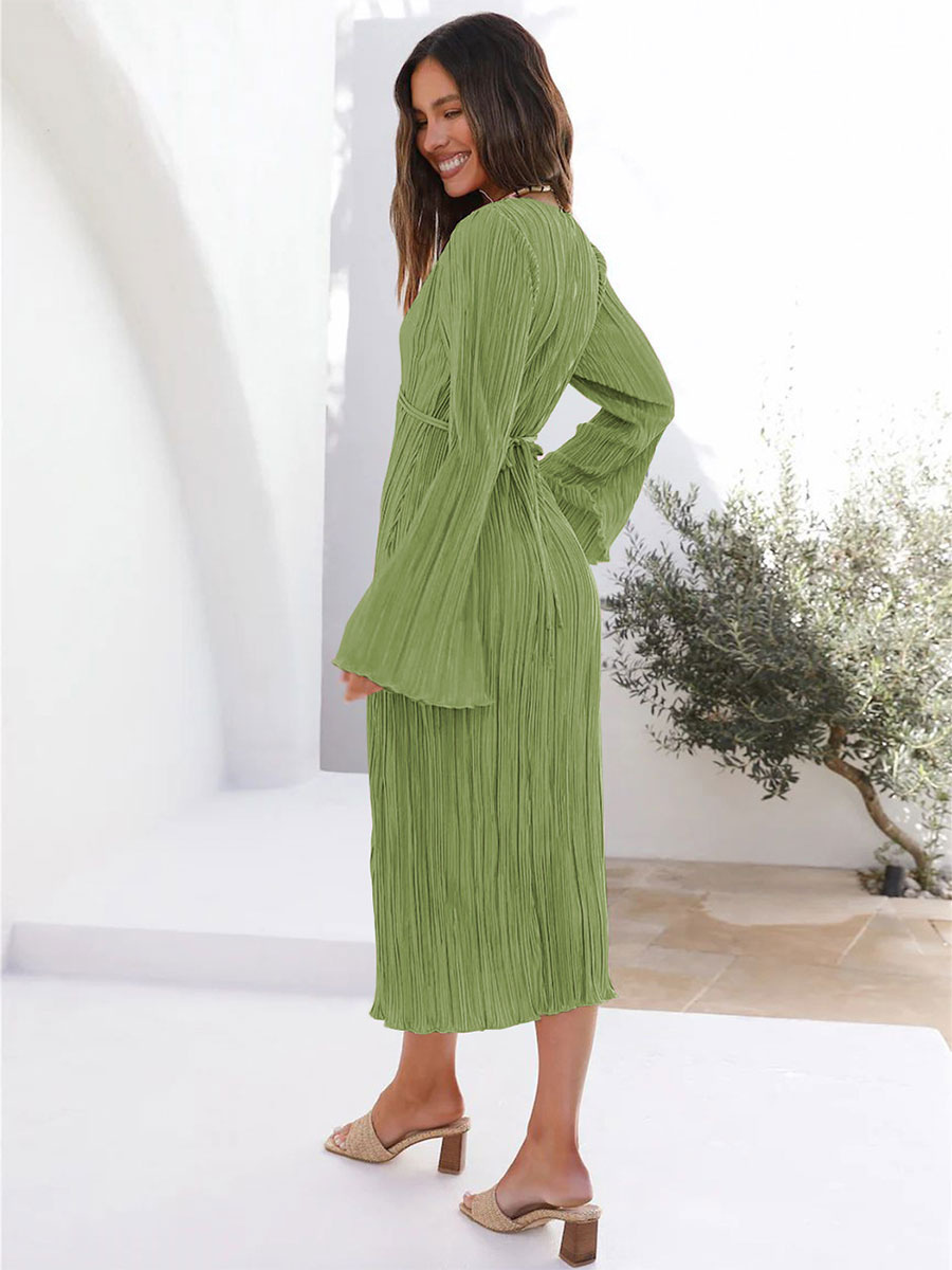 Pagoda Sleeves Dress Deep V Cut Out Fall Midi Dress