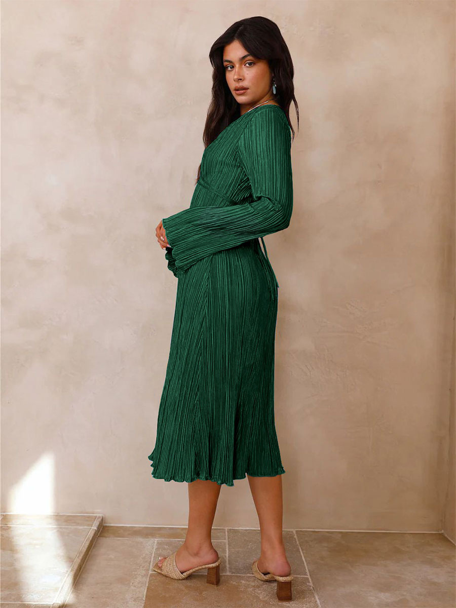 Pagoda Sleeves Dress Deep V Cut Out Fall Midi Dress