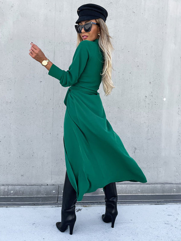 Shirt Dresses Turndown Collar Buttons Solid Color Midi Dress