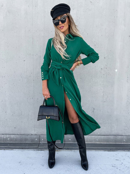 Shirt Dresses Turndown Collar Buttons Solid Color Midi Dress