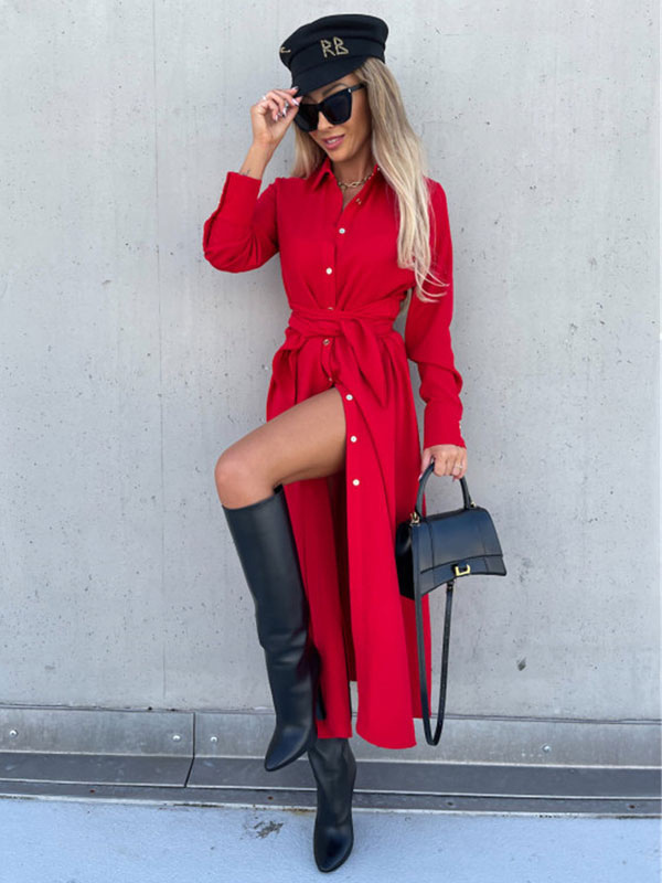 Shirt Dresses Turndown Collar Buttons Solid Color Midi Dress