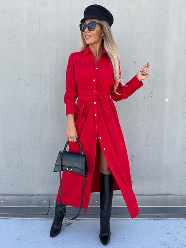 Shirt Dresses Turndown Collar Buttons Solid Color Midi Dress