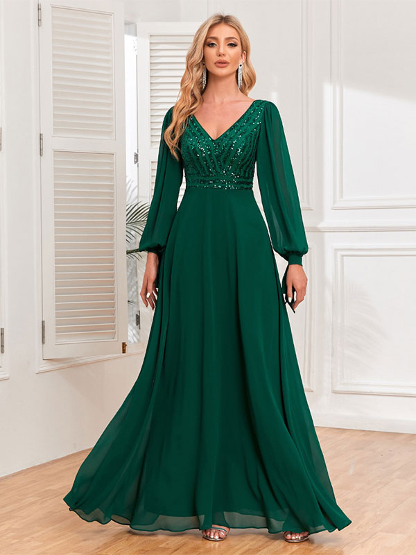 Party Dresses V-Neck Long Sleeves Sequins A-Line Maxi Dress