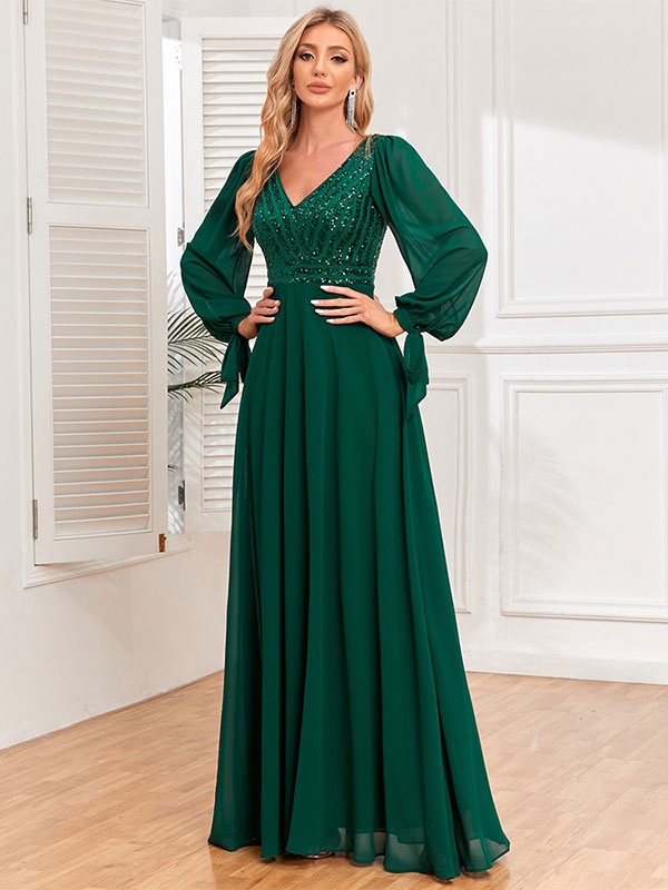 Party Dresses V-Neck Long Sleeves Sequins A-Line Maxi Dress