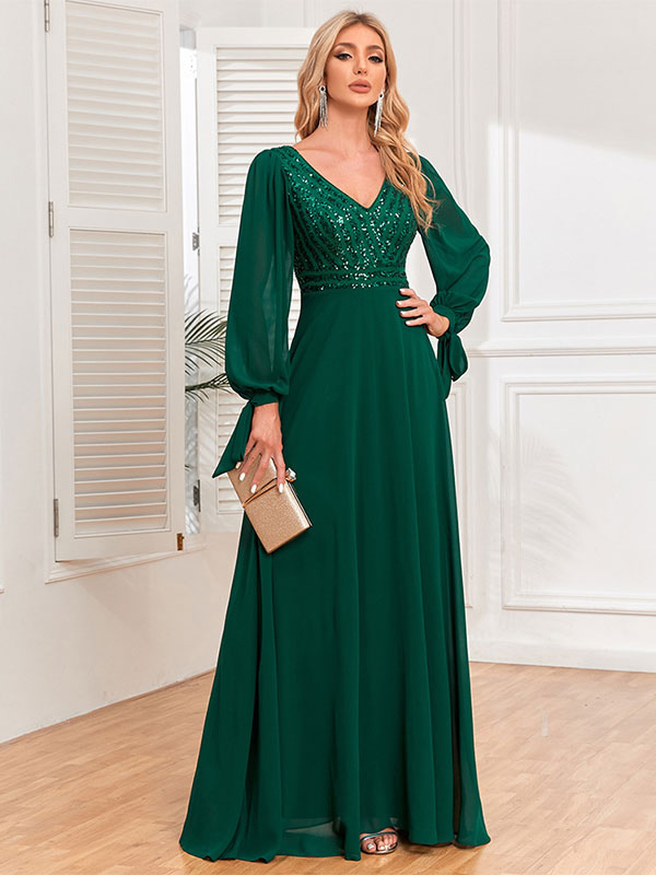 Party Dresses V-Neck Long Sleeves Sequins A-Line Maxi Dress