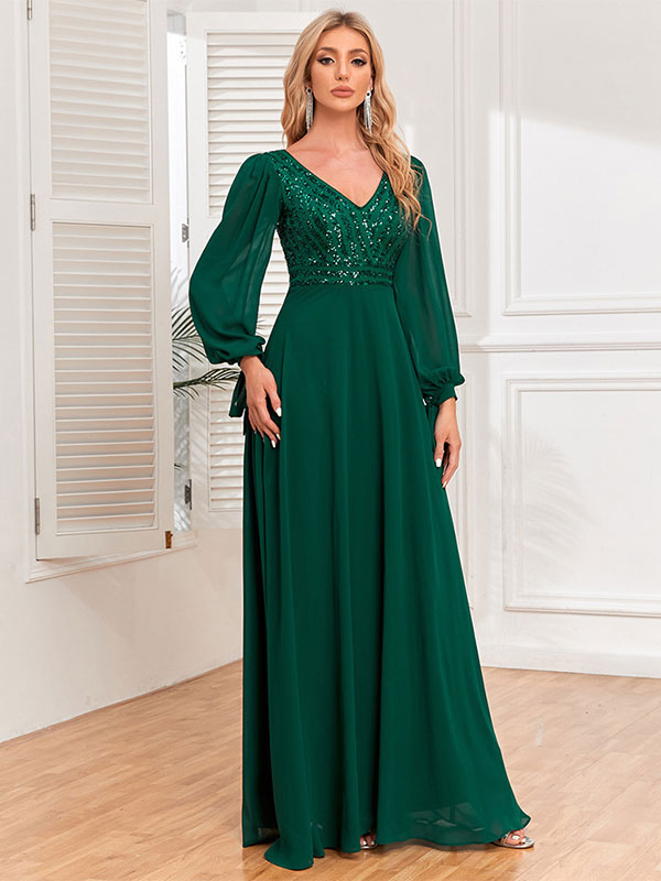 Party Dresses V-Neck Long Sleeves Sequins A-Line Maxi Dress