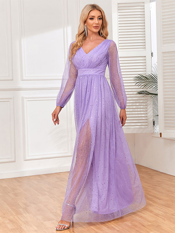 Party Dresses Violet V-Neck Sequins Pleated Semi Formal Dress
