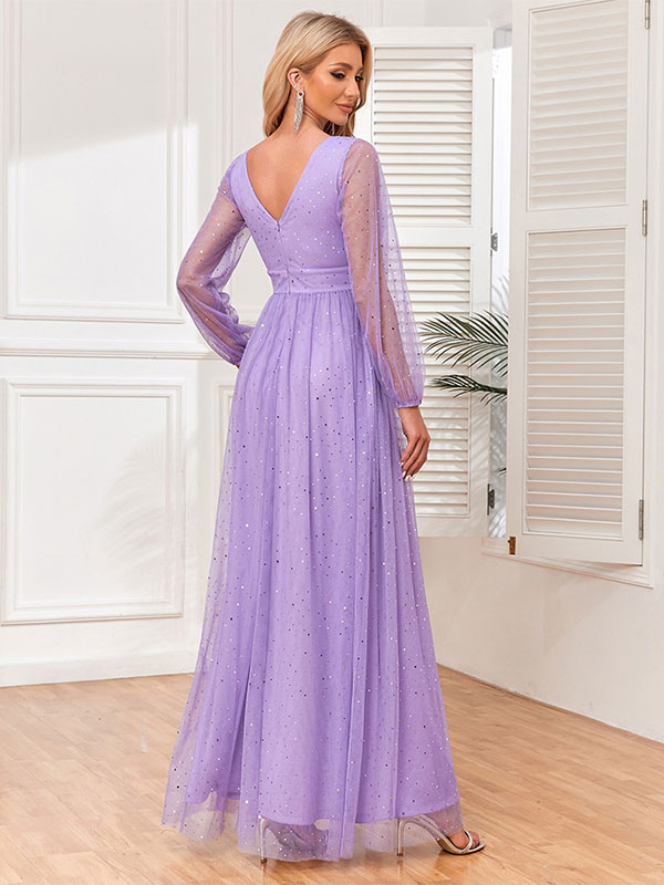 Party Dresses Violet V-Neck Sequins Pleated Semi Formal Dress
