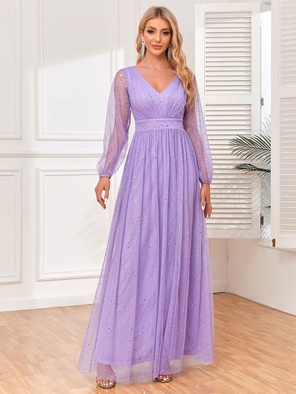 Party Dresses Violet V-Neck Sequins Pleated Semi Formal Dress