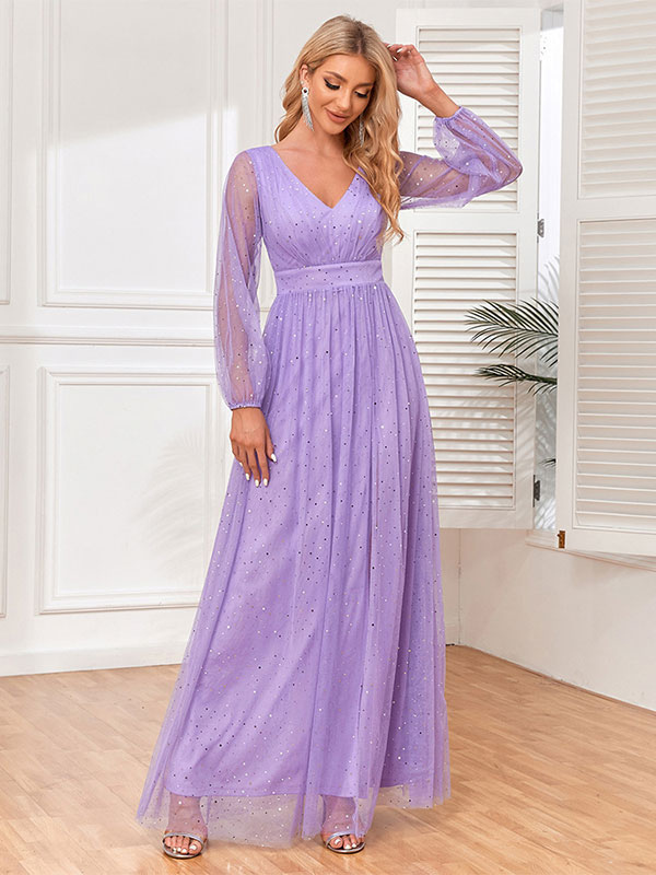 Party Dresses Violet V-Neck Sequins Pleated Semi Formal Dress