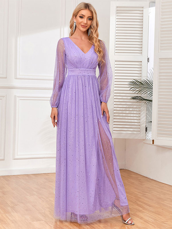 Party Dresses Violet V-Neck Sequins Pleated Semi Formal Dress