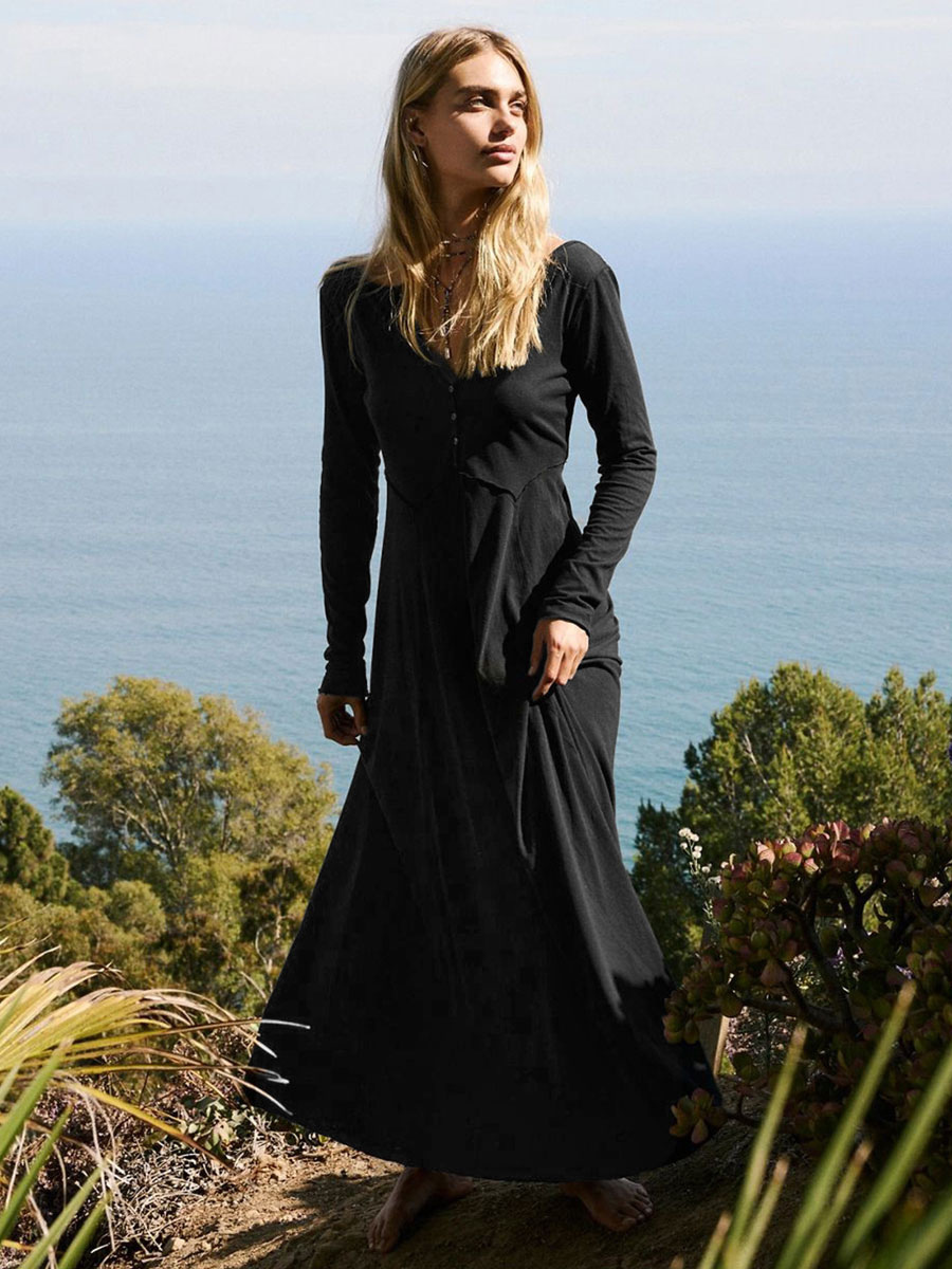 Maxi Dresses V-Neck Long Sleeves Backless Buttons Floor Length Dress