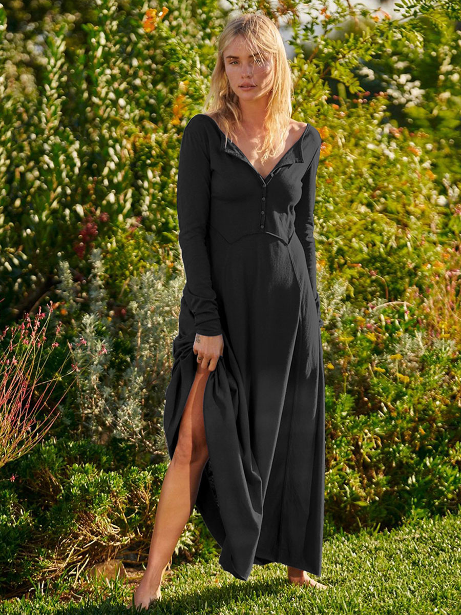Maxi Dresses V-Neck Long Sleeves Backless Buttons Floor Length Dress