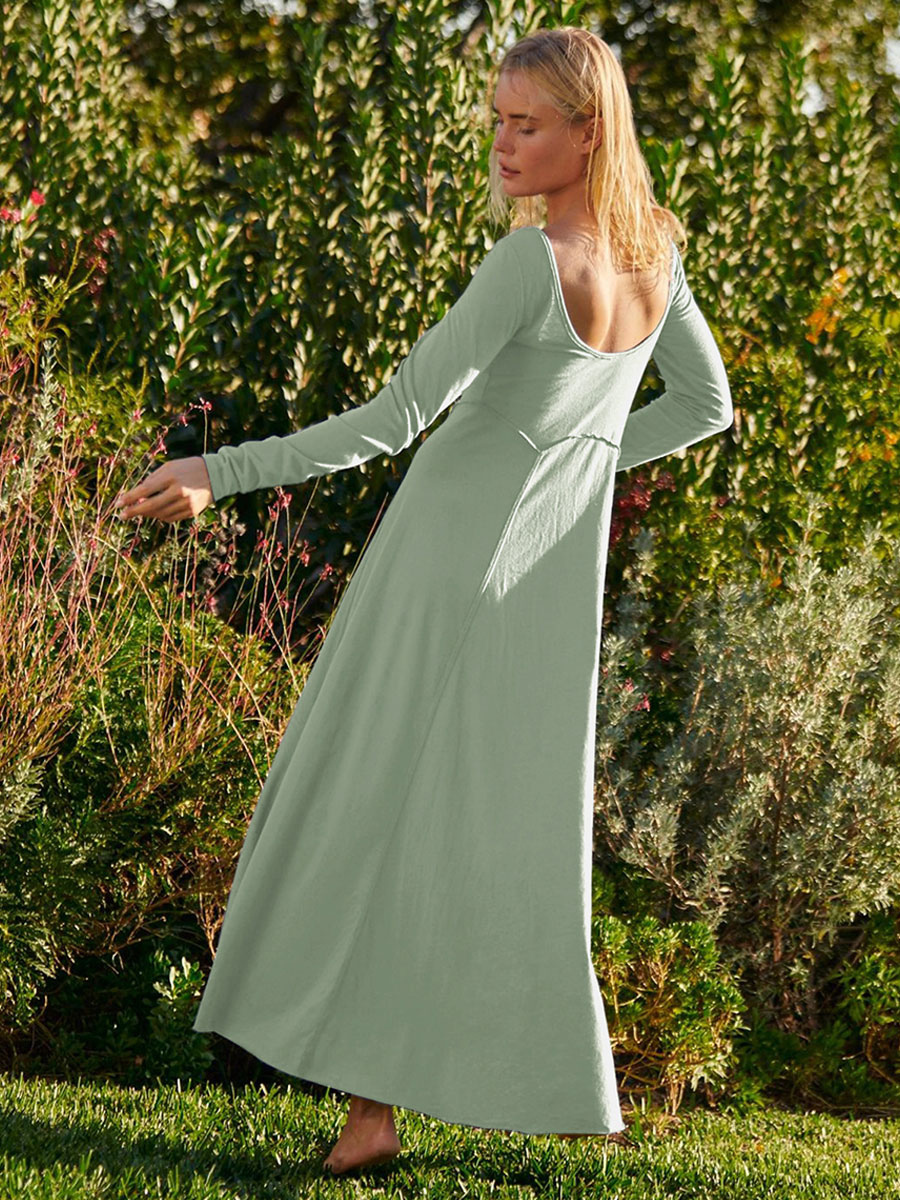 Maxi Dresses V-Neck Long Sleeves Backless Buttons Floor Length Dress