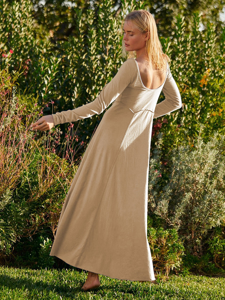 Maxi Dresses V-Neck Long Sleeves Backless Buttons Floor Length Dress