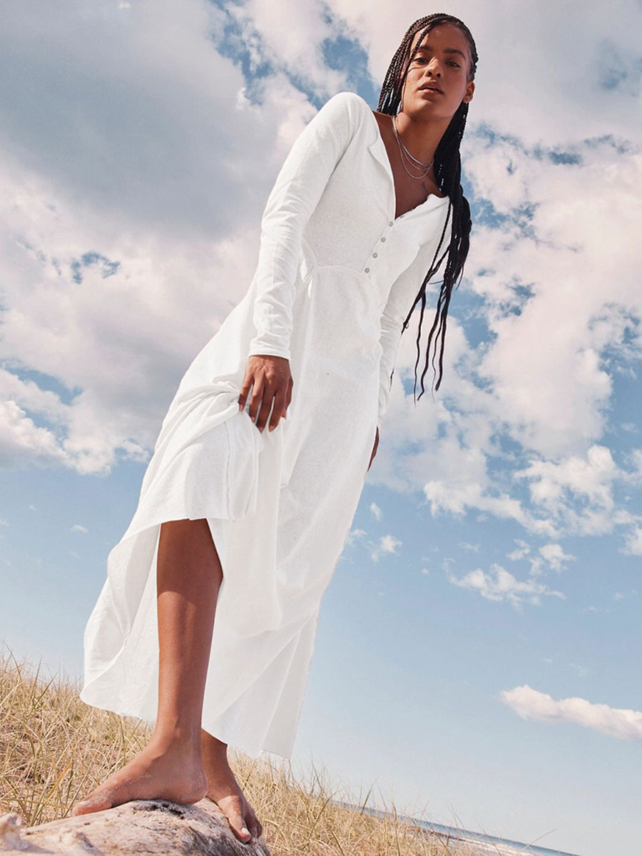Maxi Dresses V-Neck Long Sleeves Backless Buttons Floor Length Dress