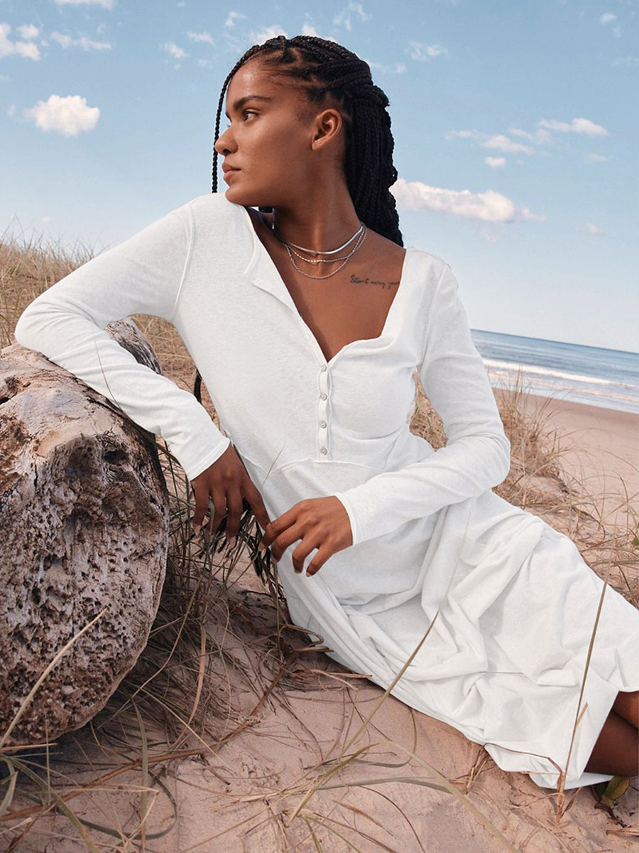 Maxi Dresses V-Neck Long Sleeves Backless Buttons Floor Length Dress