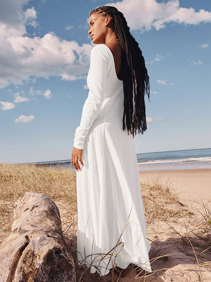 Maxi Dresses V-Neck Long Sleeves Backless Buttons Floor Length Dress