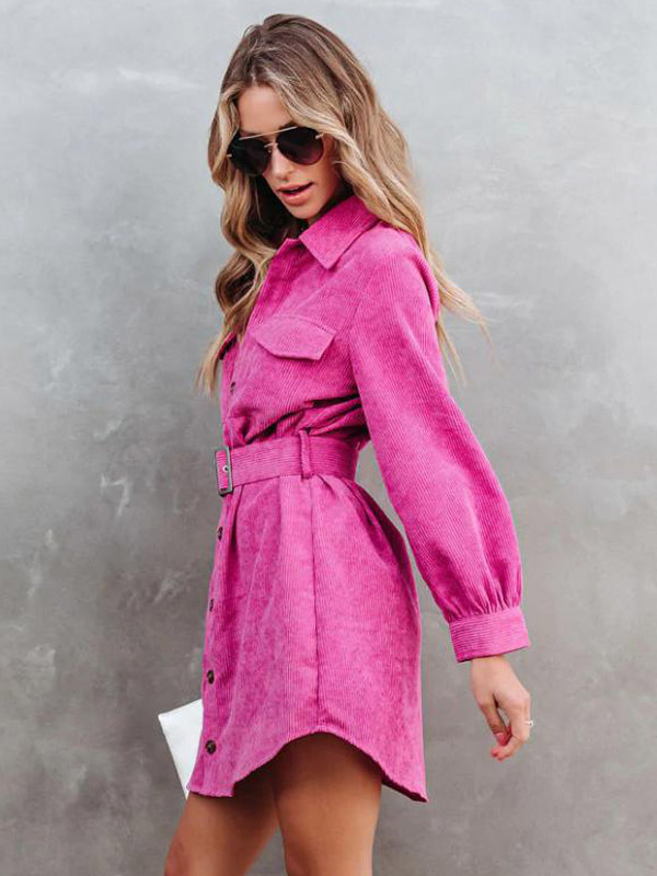 Corduroy Shirt Dresses Solid Color Belted Daily Fall Spring Mini Dress