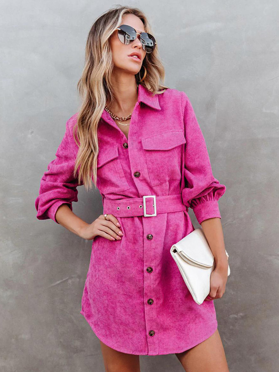 Corduroy Shirt Dresses Solid Color Belted Daily Fall Spring Mini Dress