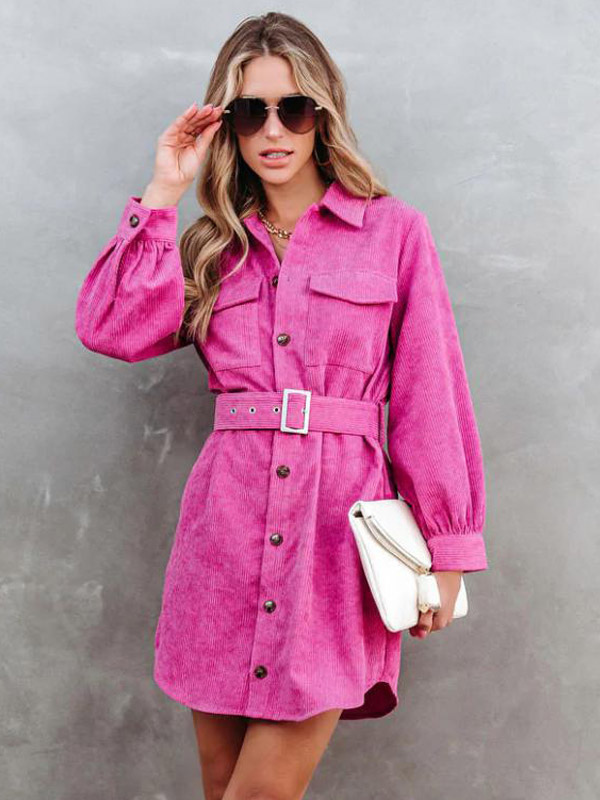 Corduroy Shirt Dresses Solid Color Belted Daily Fall Spring Mini Dress