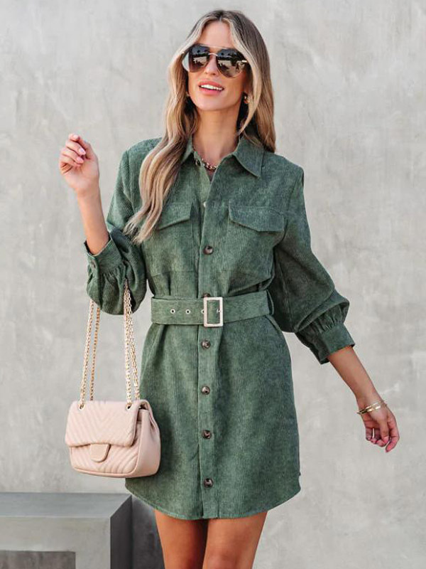 Corduroy Shirt Dresses Solid Color Belted Daily Fall Spring Mini Dress