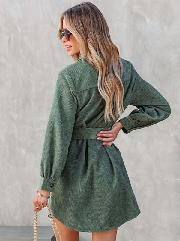 Corduroy Shirt Dresses Solid Color Belted Daily Fall Spring Mini Dress