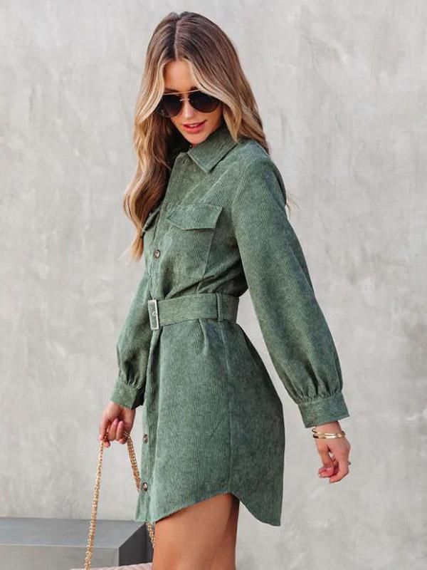 Corduroy Shirt Dresses Solid Color Belted Daily Fall Spring Mini Dress