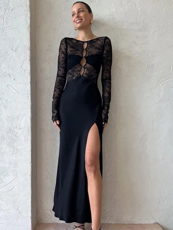 Sexy Lace Dress Bateau Neck Cut Out Backless Transparent Prom Dresses