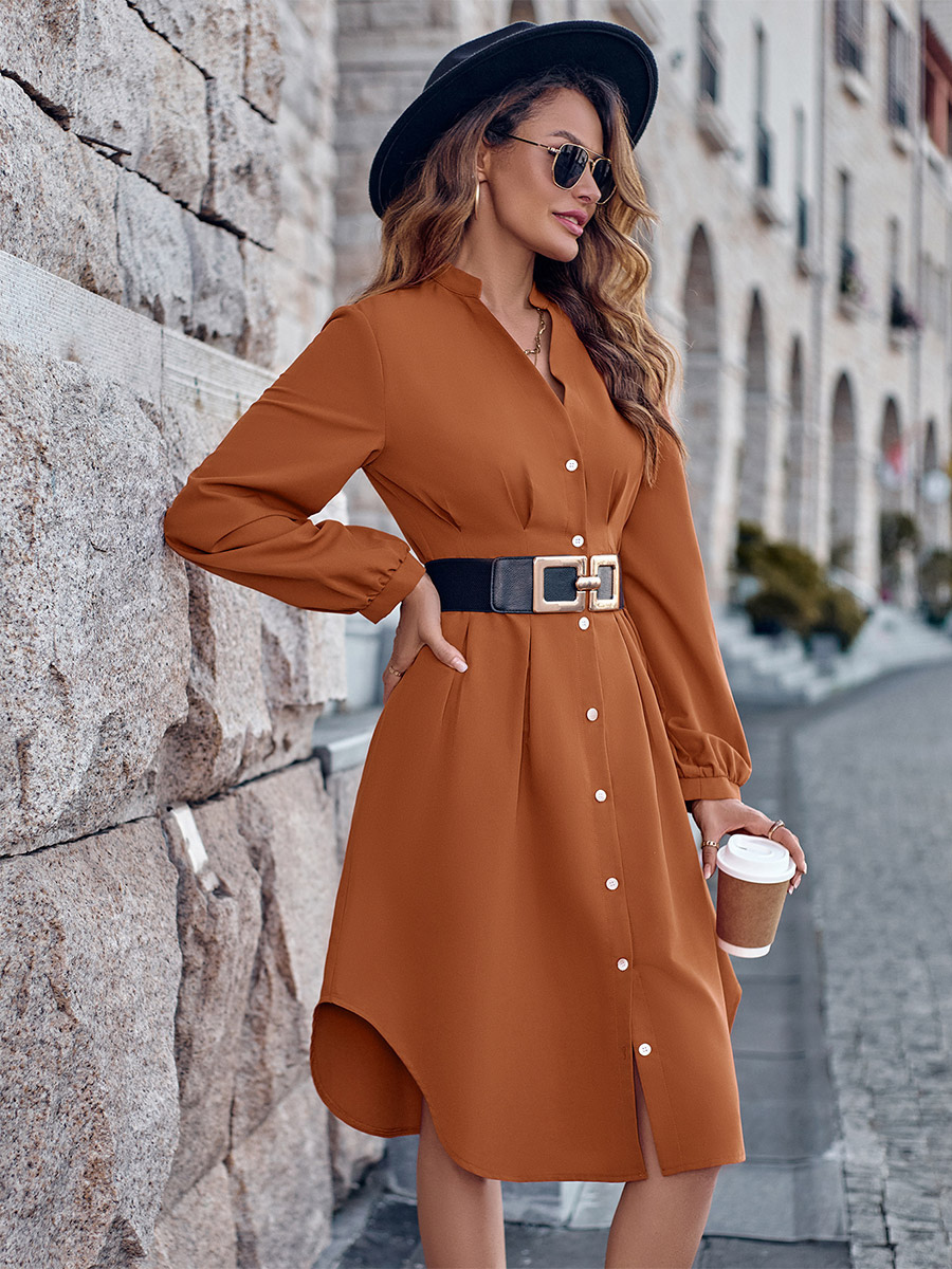 Shirt Dresses Brick Red V-Neck Buttons Long Sleeves Polyester Midi Dress Dresses