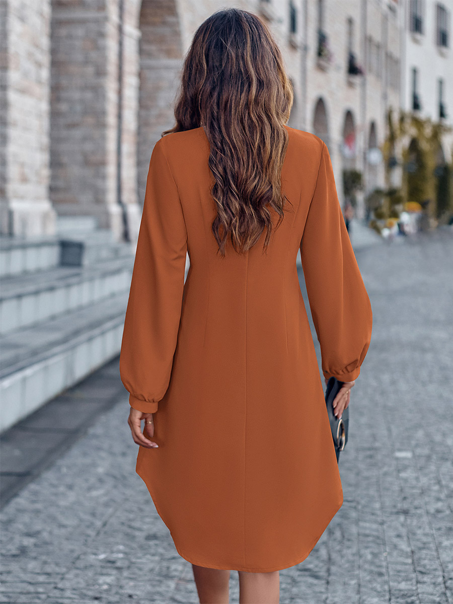 Shirt Dresses Brick Red V-Neck Buttons Long Sleeves Polyester Midi Dress Dresses