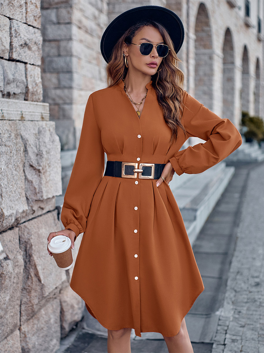 Shirt Dresses Brick Red V-Neck Buttons Long Sleeves Polyester Midi Dress Dresses