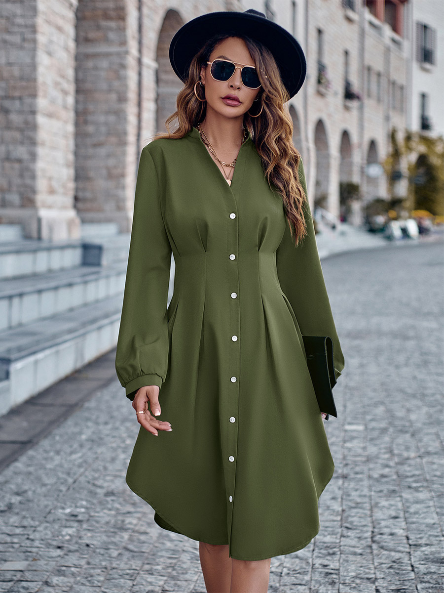 Shirt Dresses Brick Red V-Neck Buttons Long Sleeves Polyester Midi Dress Dresses