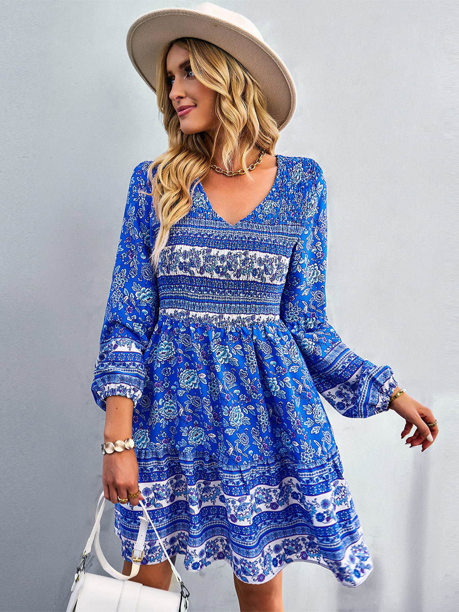 Boho Dress V-Neck Lantern Sleeves Floral Beach Mini Dresses