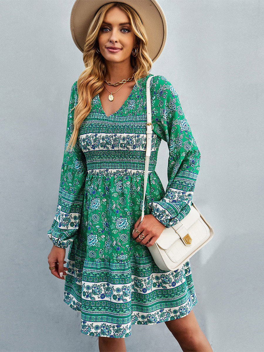 Boho Dress V-Neck Lantern Sleeves Floral Beach Mini Dresses