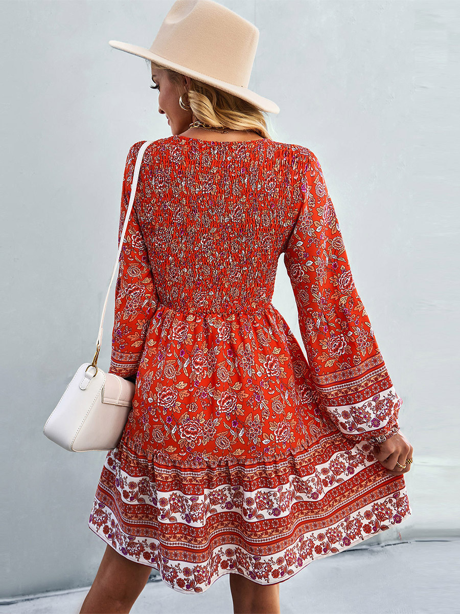 Boho Dress V-Neck Lantern Sleeves Floral Beach Mini Dresses