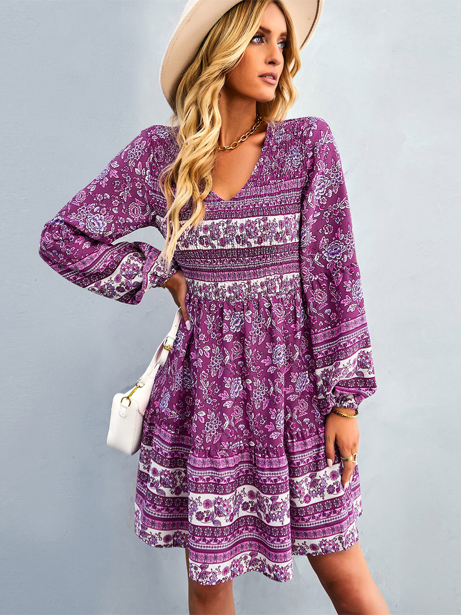 Boho Dress V-Neck Lantern Sleeves Floral Beach Mini Dresses