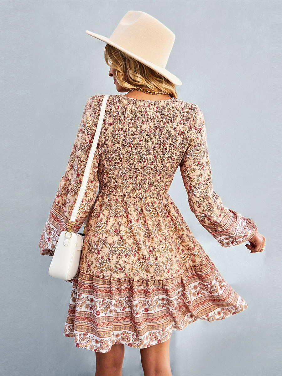 Boho Dress V-Neck Lantern Sleeves Floral Beach Mini Dresses