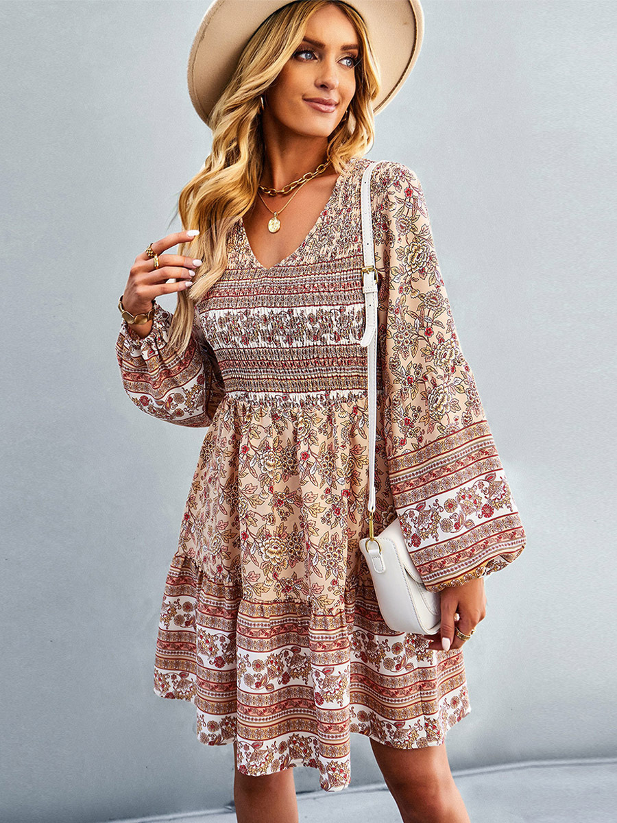 Boho Dress V-Neck Lantern Sleeves Floral Beach Mini Dresses