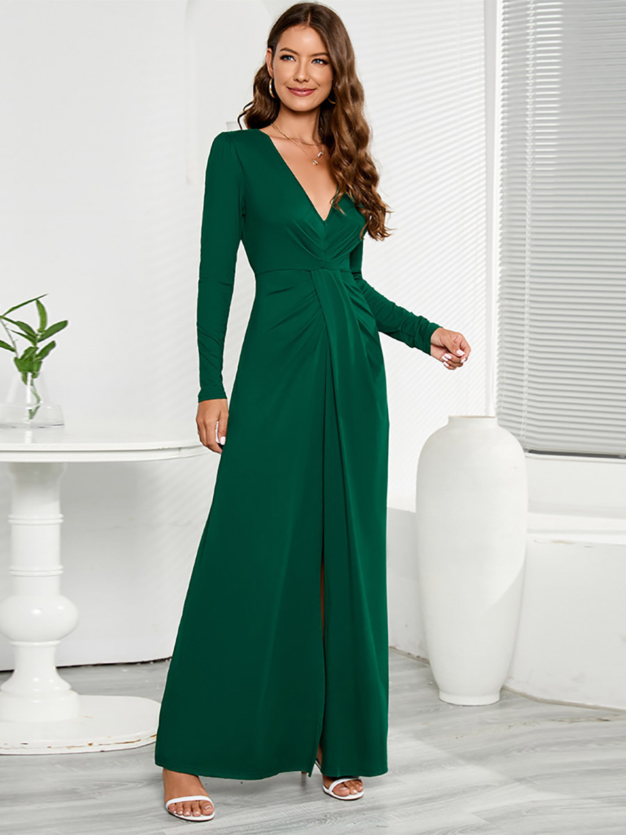 Maxi Dresses V-Neck Long Sleeves Pleated High-Slit Women Dress