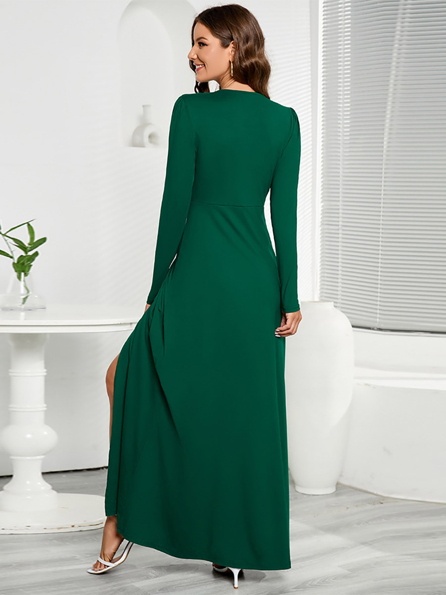 Maxi Dresses V-Neck Long Sleeves Pleated High-Slit Women Dress