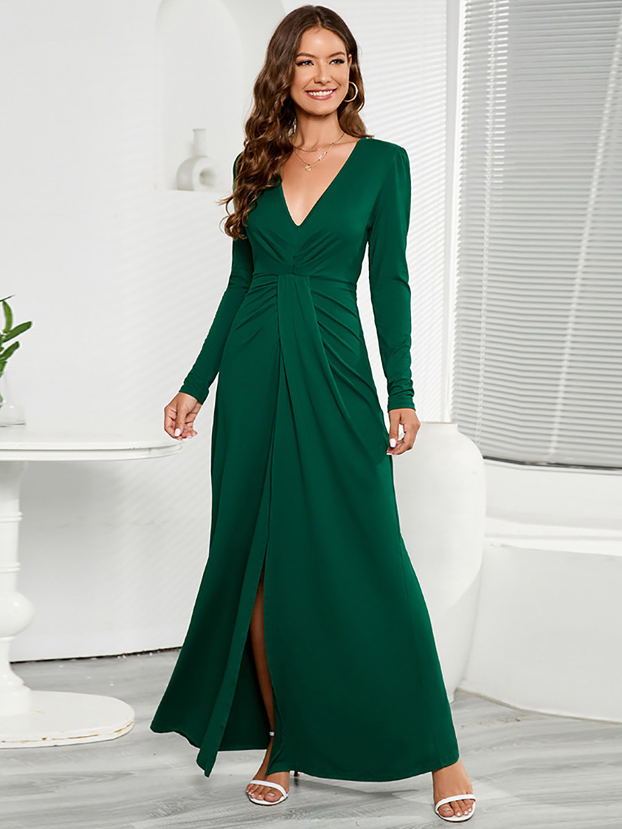 Maxi Dresses V-Neck Long Sleeves Pleated High-Slit Women Dress